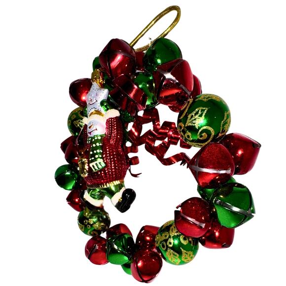 Jingle Bell Christmas Wreath with Snowman Ornament – Red & Green Metal Bells - Picture 10 of 10